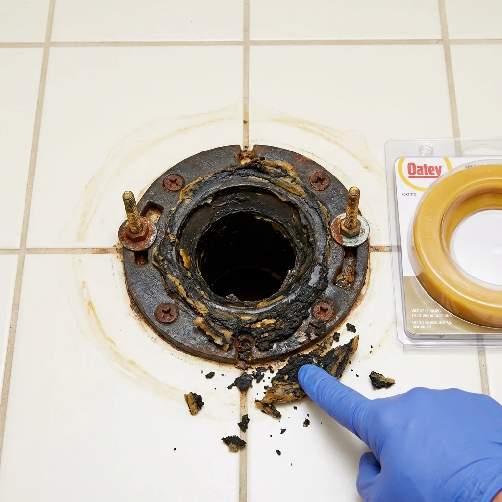 Failed wax ring showing water seepage at the base of a toilet in a Newport, AR home